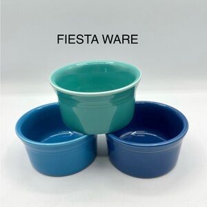 3 Fiesta Ware 8oz Ramekins. Colors are turquoise, Robin blue and cobalt blue.